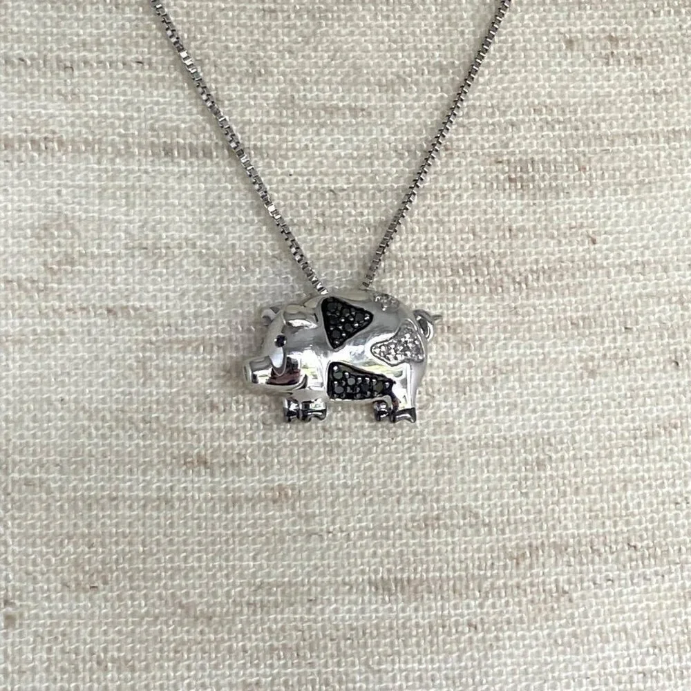 Sterling Silver 925 Black & White Diamond Pig Piggy Piglet Pendant Necklace 18